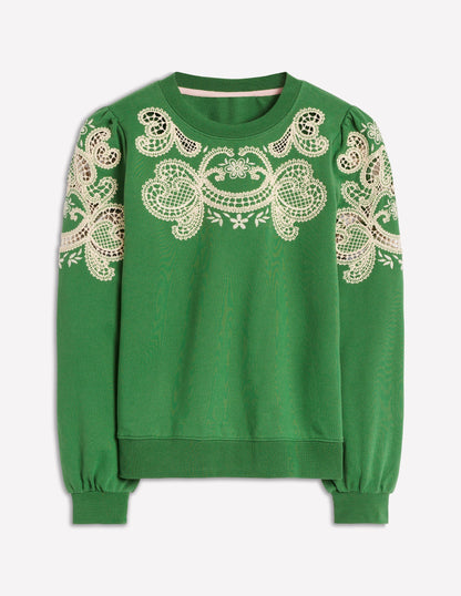 Sweatshirt mit Puffärmeln und Cutwork-Design-Paradiesgrün-5