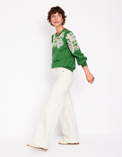 Sweatshirt mit Puffärmeln und Cutwork-Design-Paradiesgrün-1