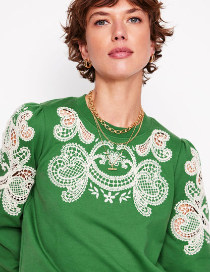 Sweatshirt mit Puffärmeln und Cutwork-Design-Paradiesgrün-2