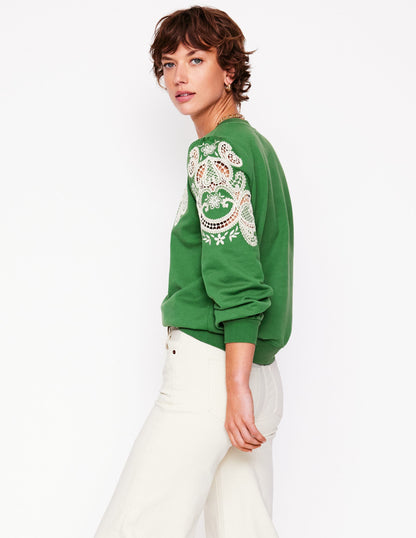 Sweatshirt mit Puffärmeln und Cutwork-Design-Paradiesgrün-4