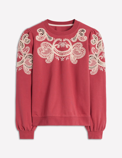 Sweatshirt mit Puffärmeln und Cutwork-Design-Terrakotta-5