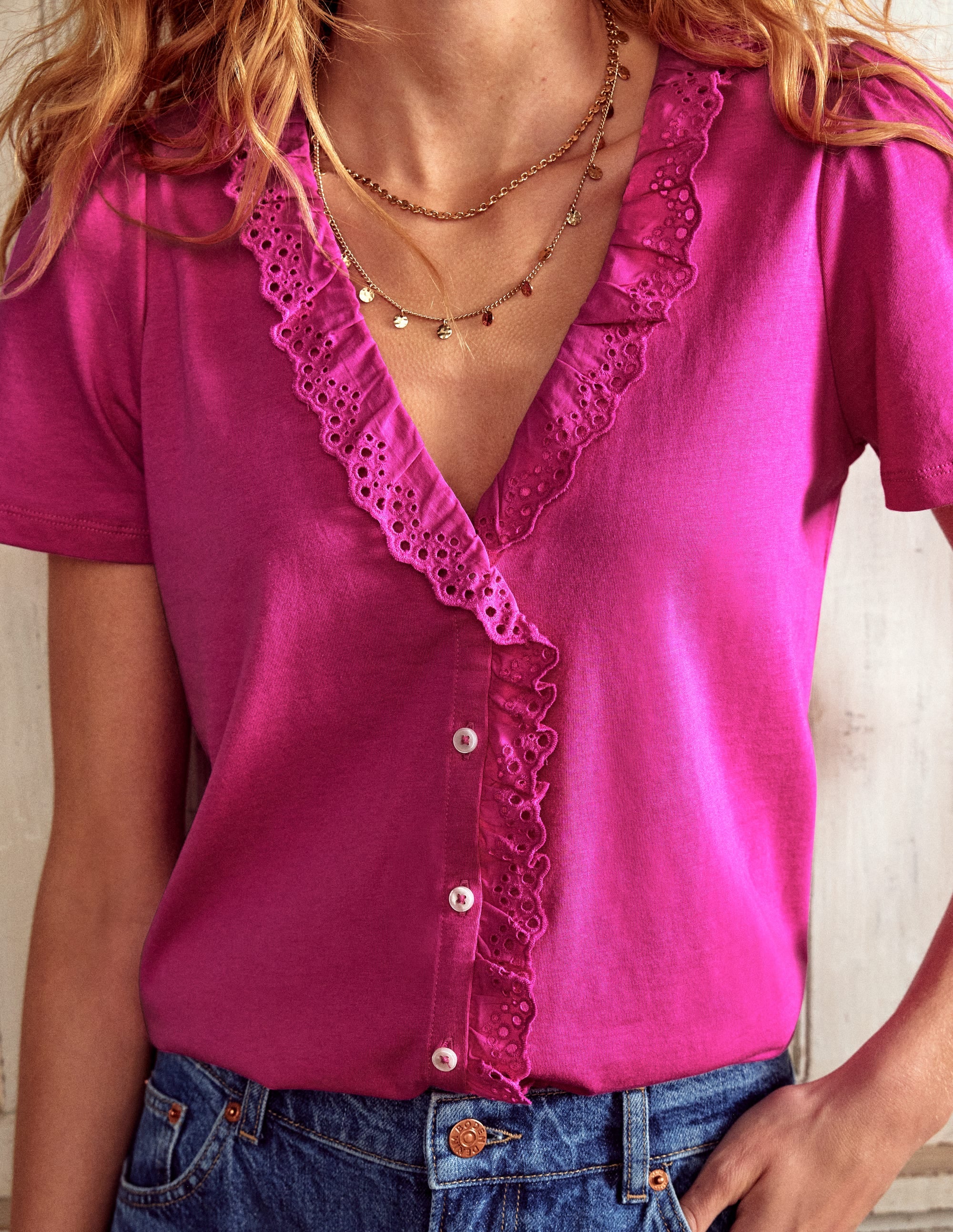 Top col V à broderie anglaise-Magenta - Image 3