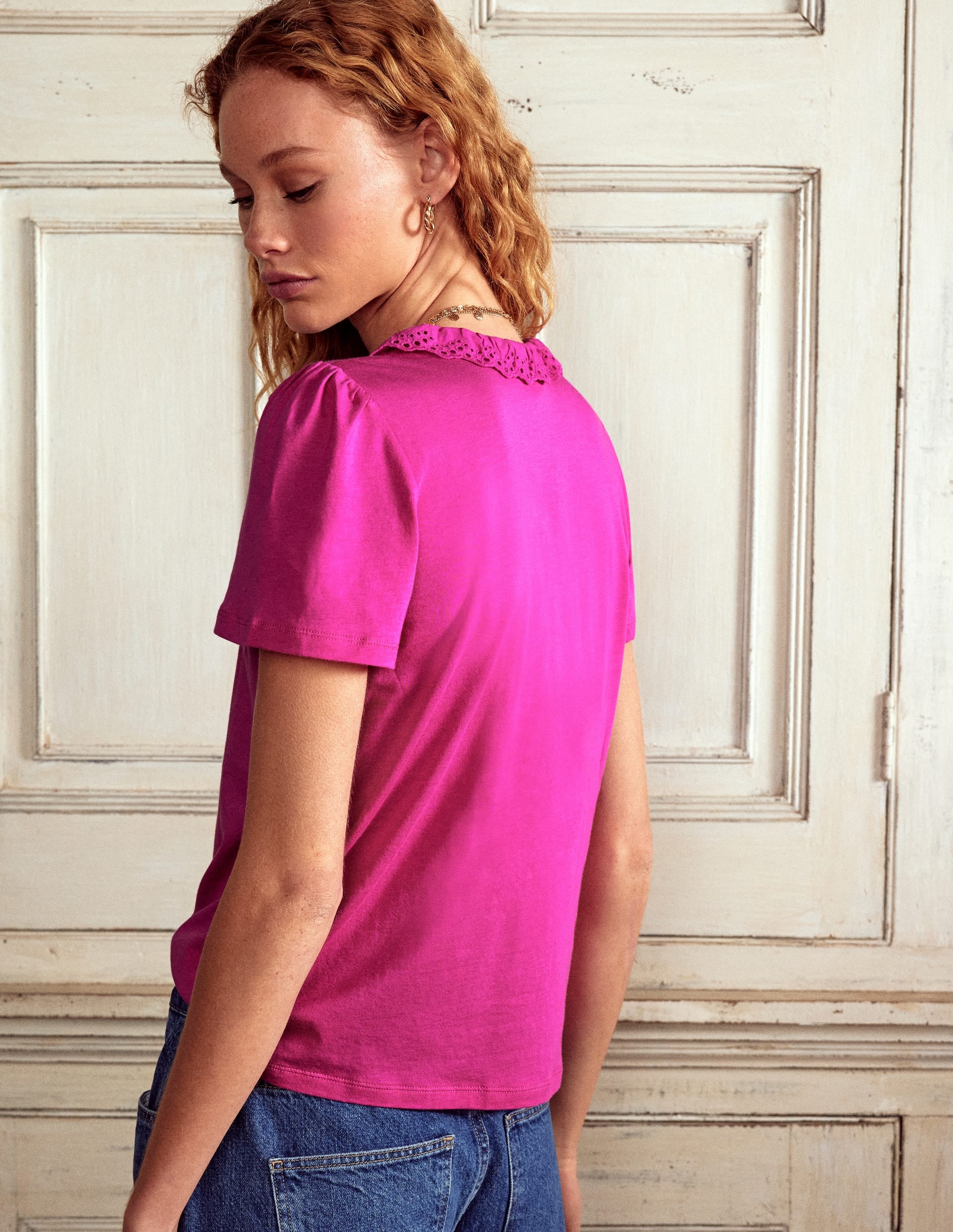 Top col V à broderie anglaise-Magenta - Image 2