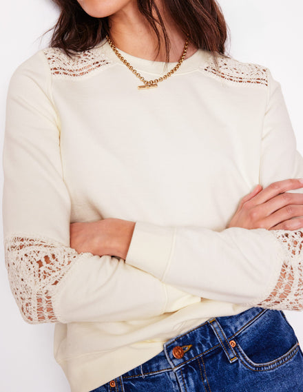 Sweatshirt mit Häkelbesatz-Naturweiß