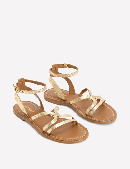 Flache Freizeit-Sandalen-Gold Gewebtes Leder