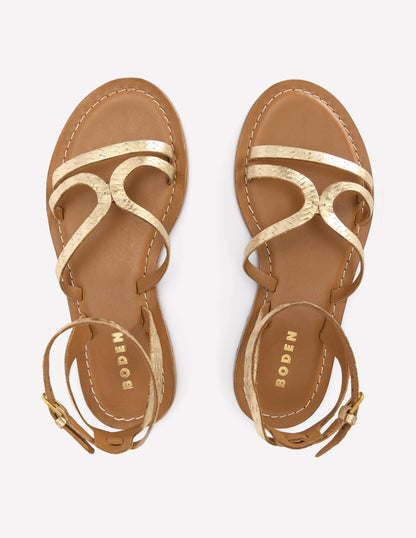 Flache Freizeit-Sandalen-Gold Gewebtes Leder