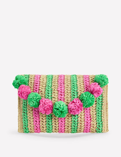 Clutch aus Bast mit Fransen-Rosa/Grün