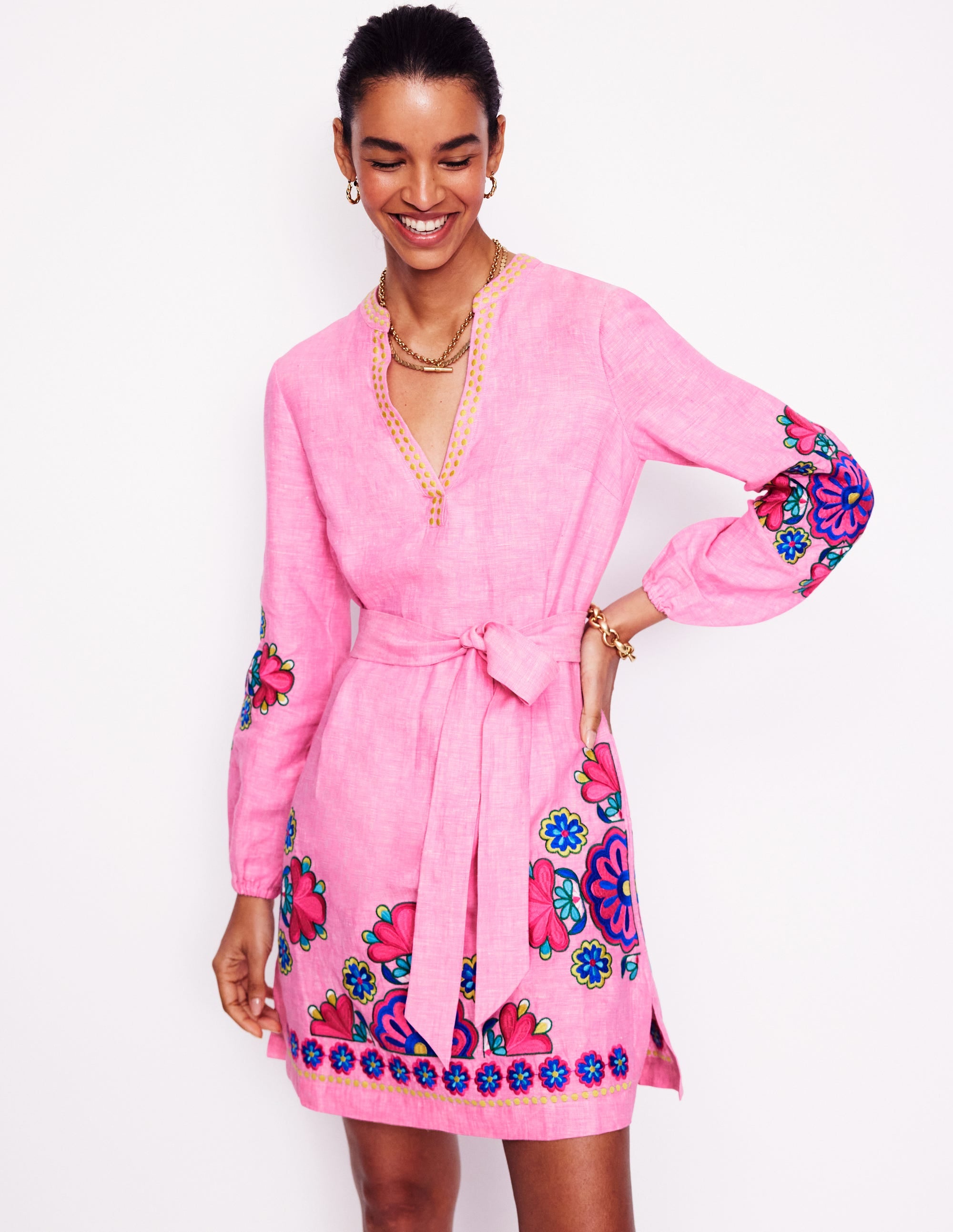 Cleo Leinenkleid mit Bindegürtel-Rosa Chambray-Stickerei - Image 1