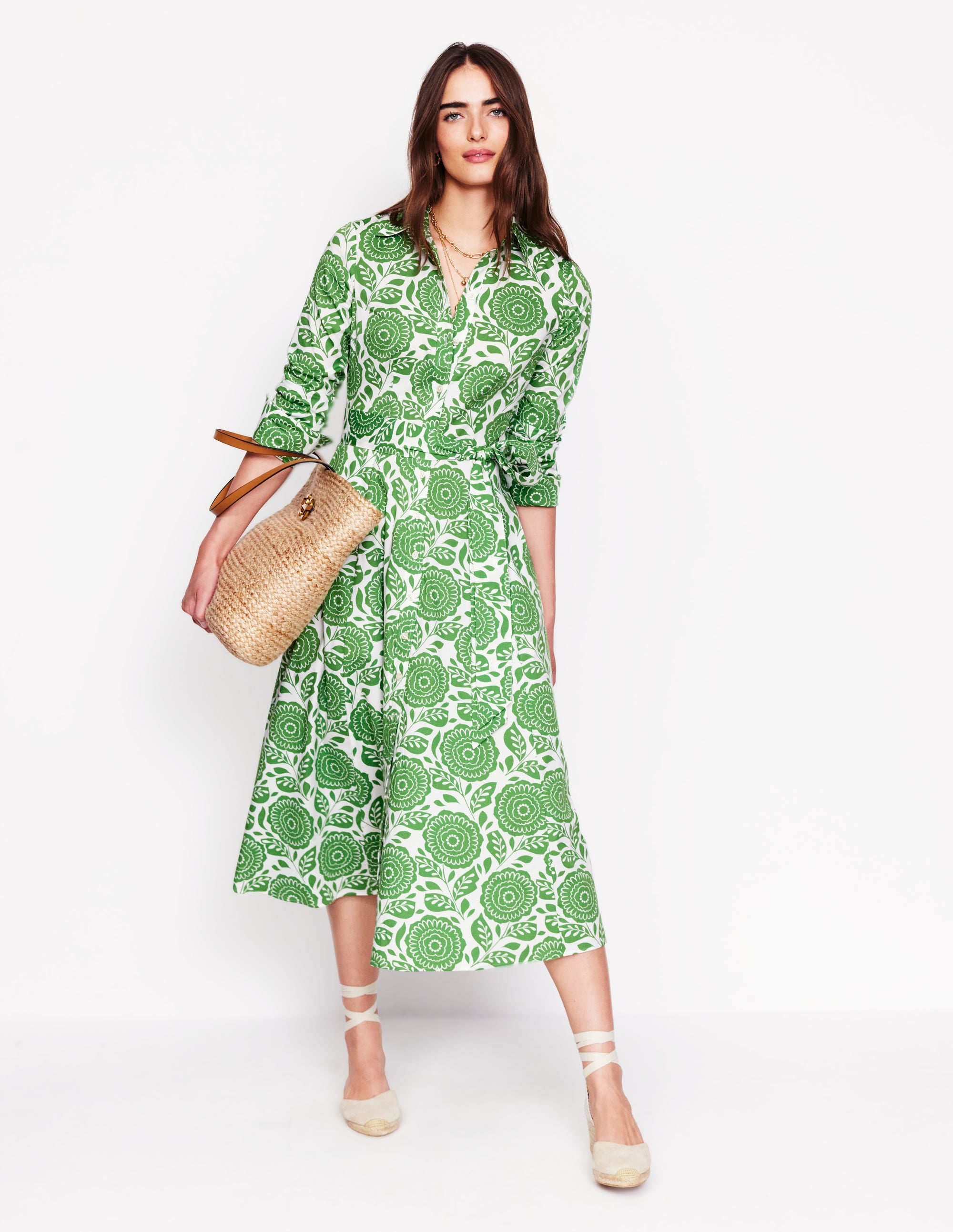 Robe-chemise midi Amy en coton-Vert paradis, motif Dahlia Stamp - Image 1