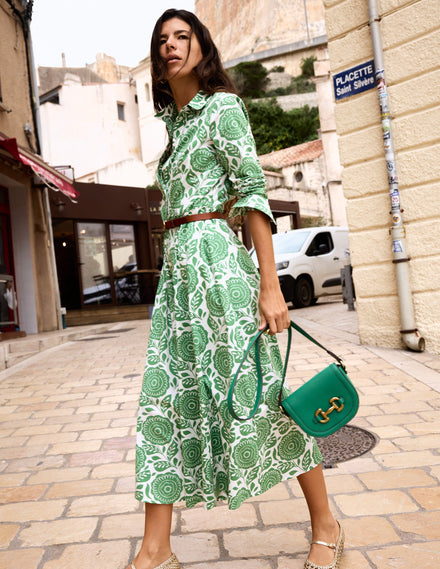 Robe-chemise midi Amy en coton-Vert paradis, motif Dahlia Stamp