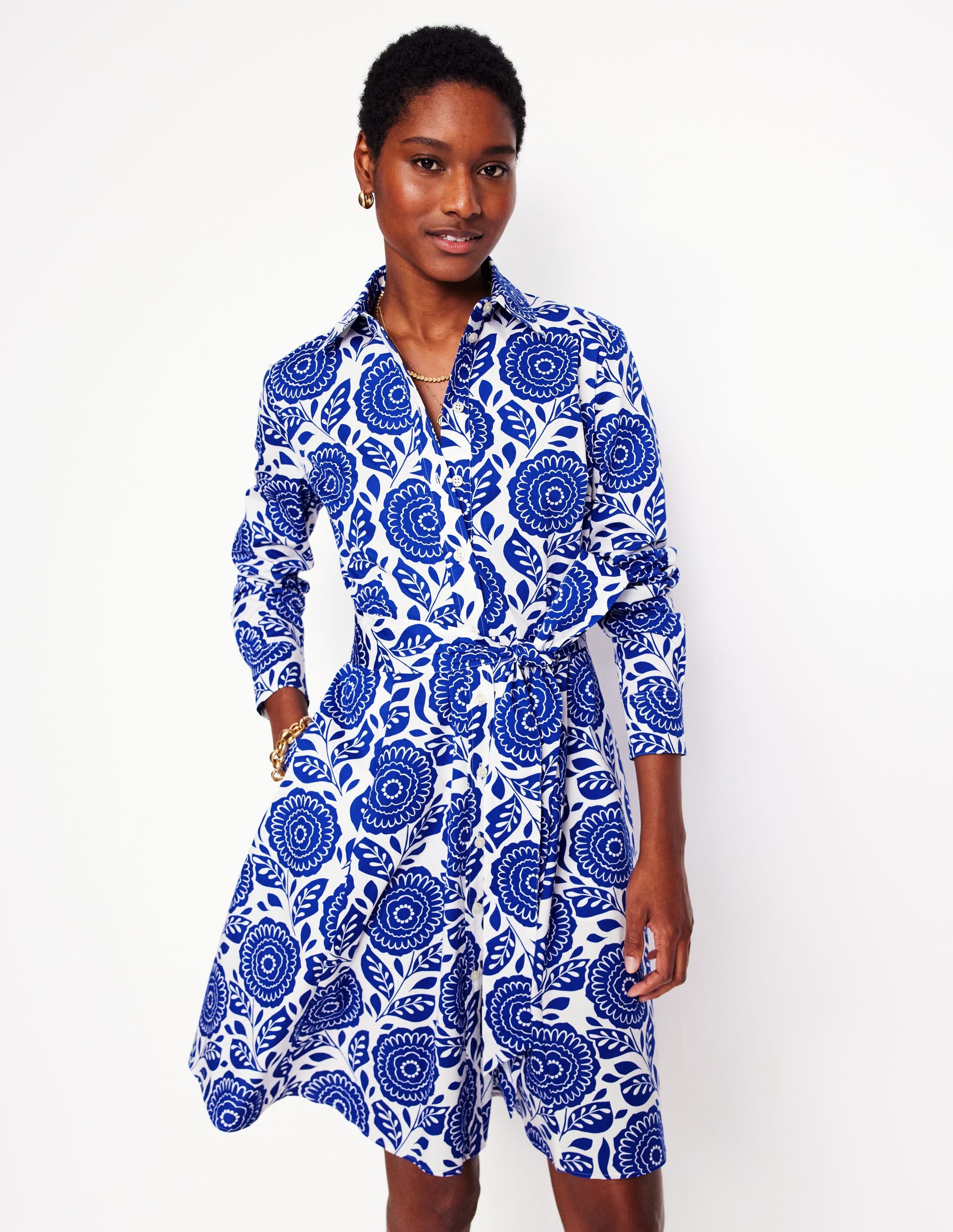 Robe-chemise courte Amy en coton-Bleu vif, motif Dahlia Stamp - Image 1