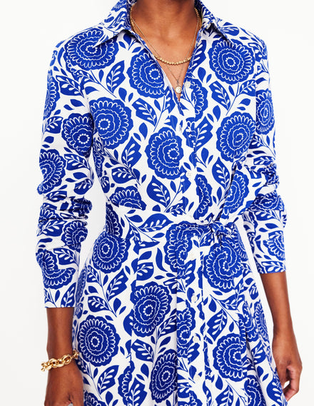 Robe-chemise courte Amy en coton-Bleu vif, motif Dahlia Stamp