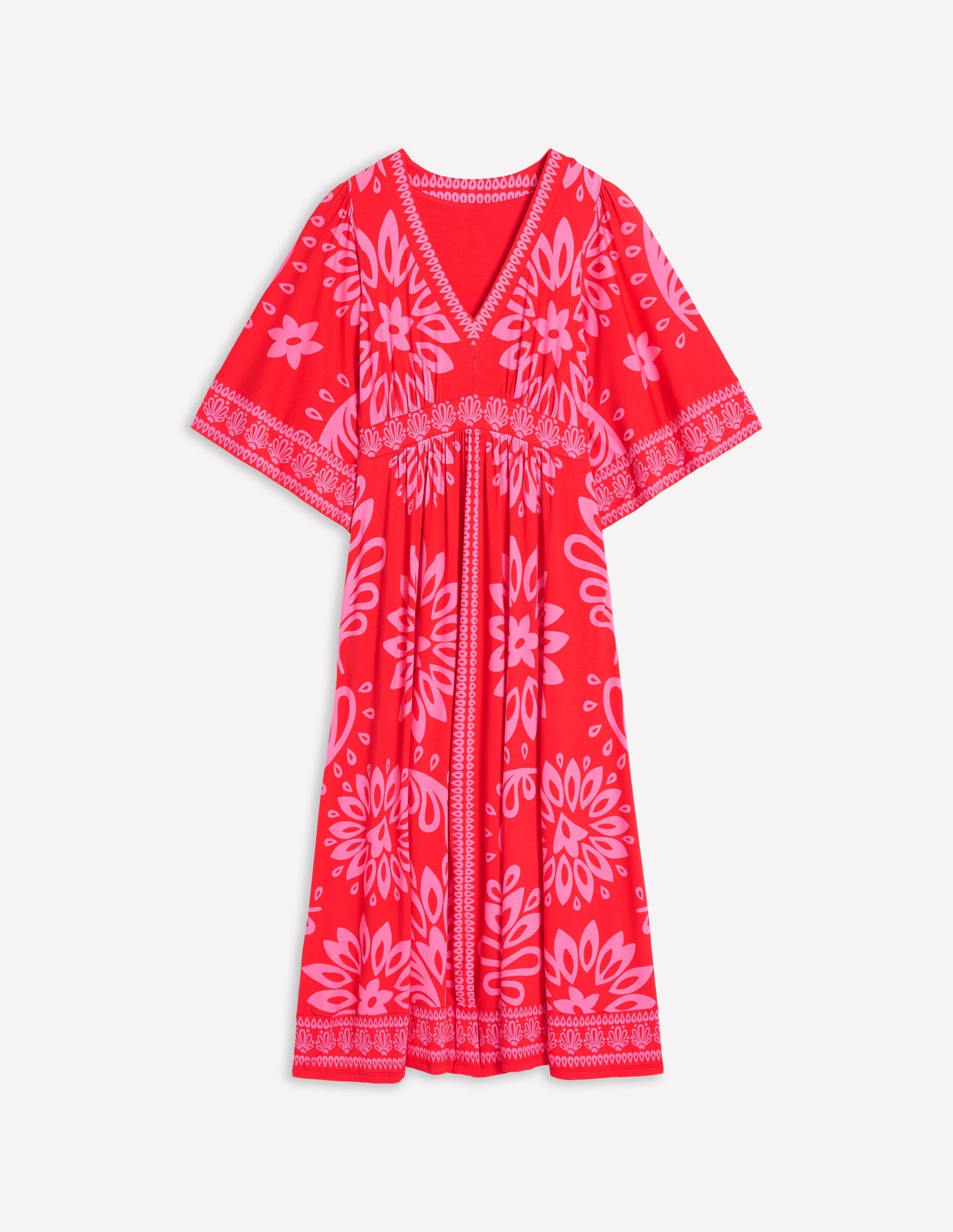 Maya Jersey-Maxikleid im Kimono-Stil-Erdbeerrot, Palmenblätter