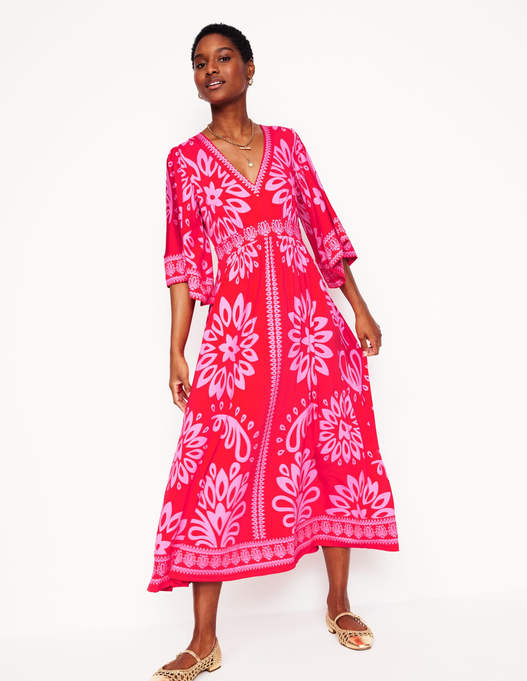 Robe longue façon kimono Maya en jersey-Rouge fraise, motif Palm Foliage - Image 1