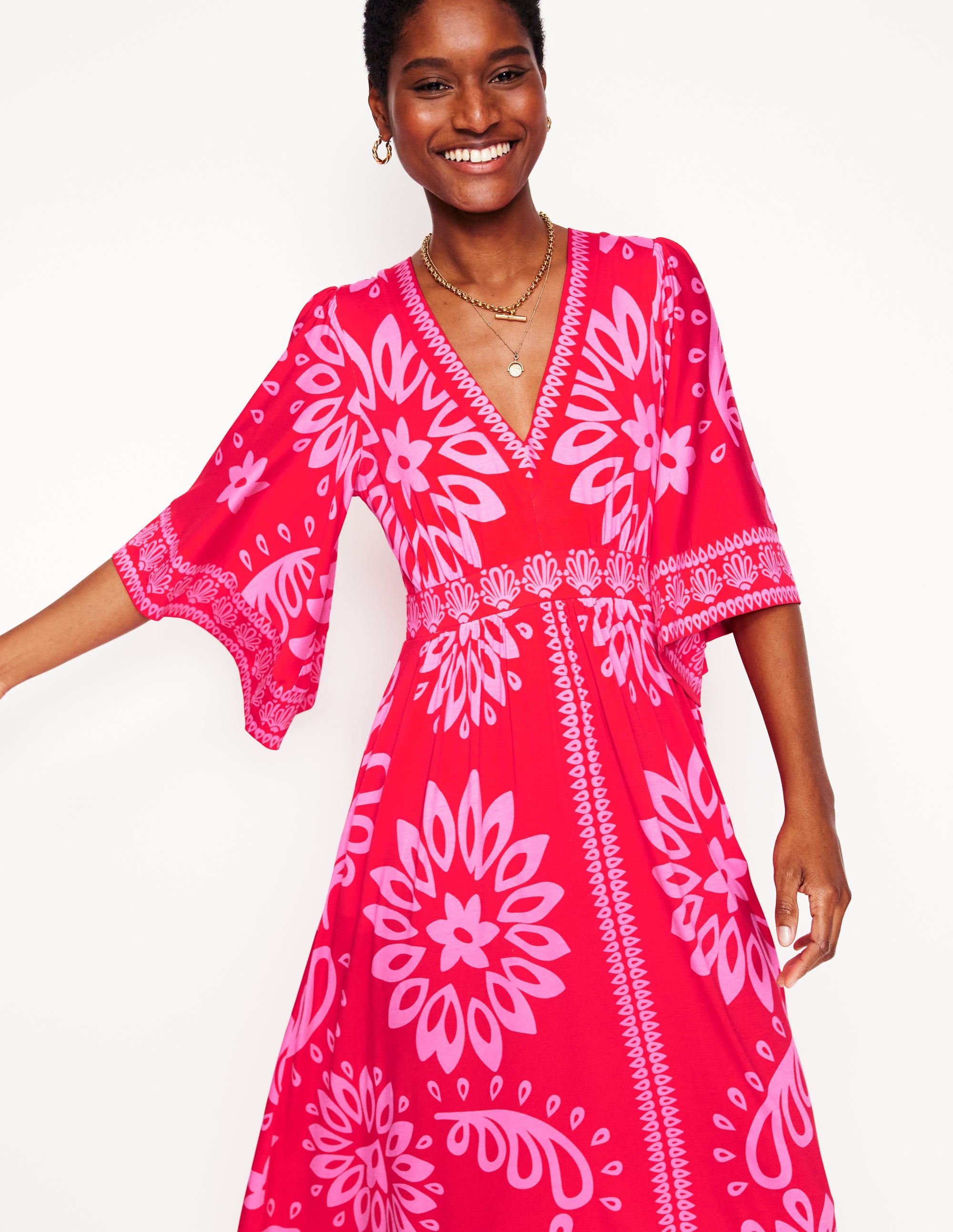Robe longue façon kimono Maya en jersey-Rouge fraise, motif Palm Foliage - Image 2