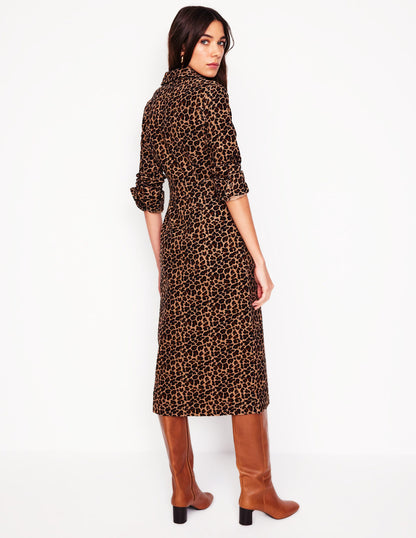 Flora Cord Midi Shirt Dress-Camel, Cheetah Pop