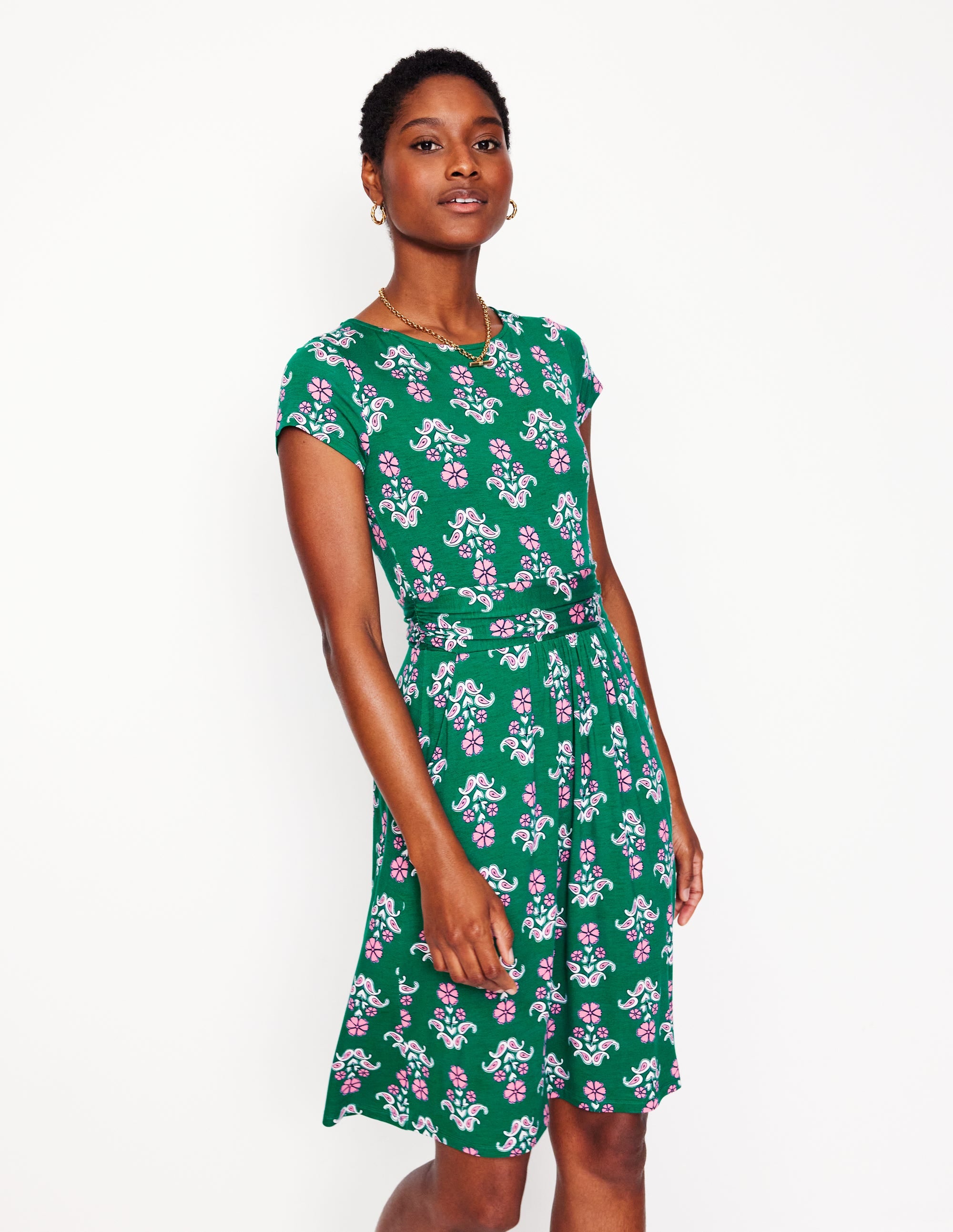 Robe Amelie en jersey-Vert pelouse, motif Pansy Stamp - Image 1