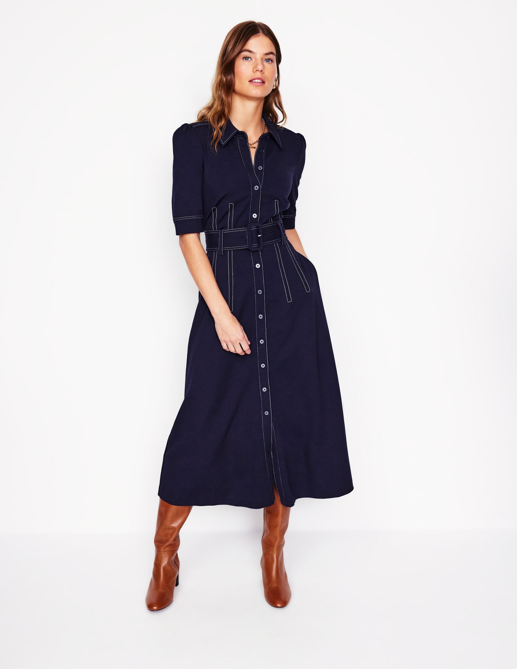 Robe-chemise Anita en point de Rome-Bleu Marine - Image 1