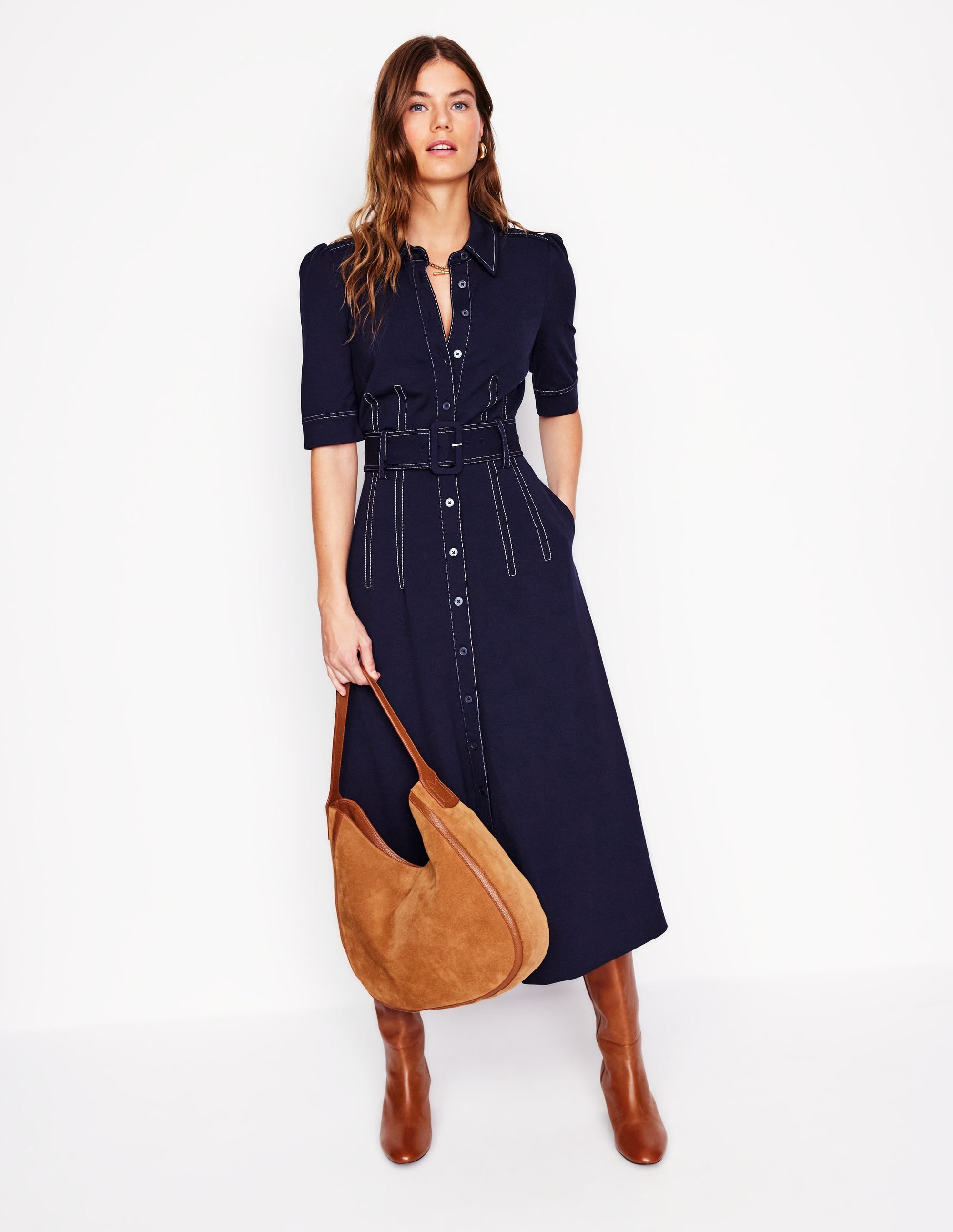 Robe-chemise Anita en point de Rome-Bleu Marine - Image 4