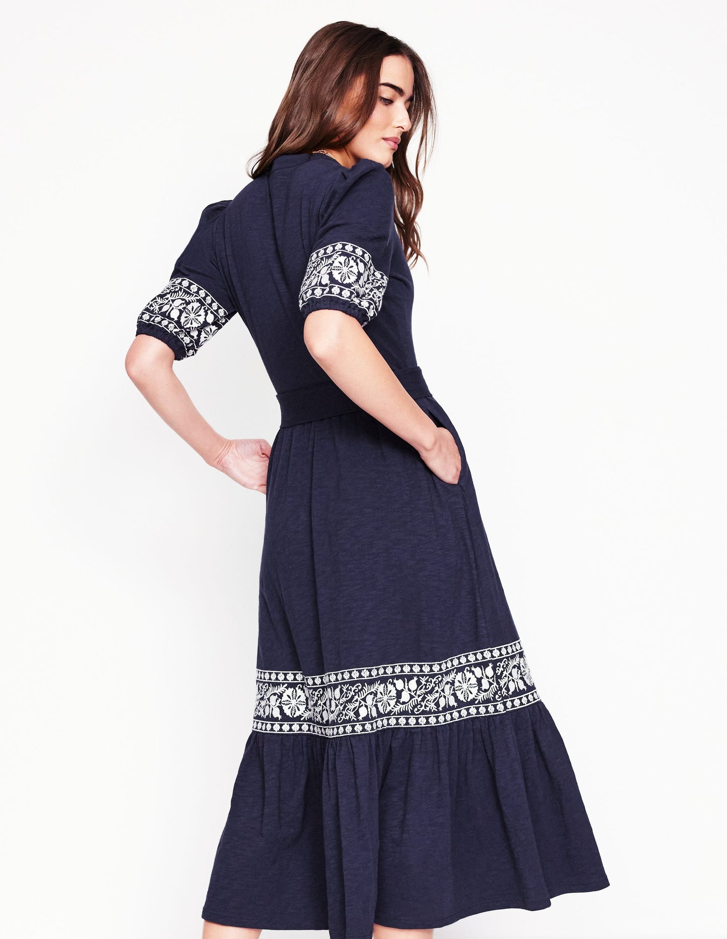 Amara Embroidered Jersey Dress-Navy Embroidery