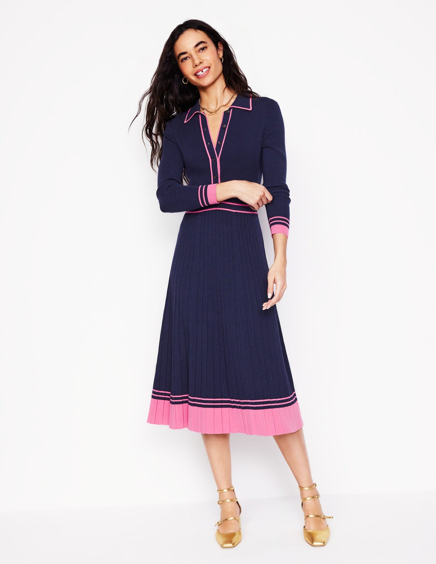 Collared Pleated Knitted Dress-Navy/Pink Colourblock