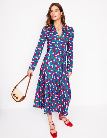 Robe Imogen en jersey à col-Bleu vif, motif Cherry Cascade