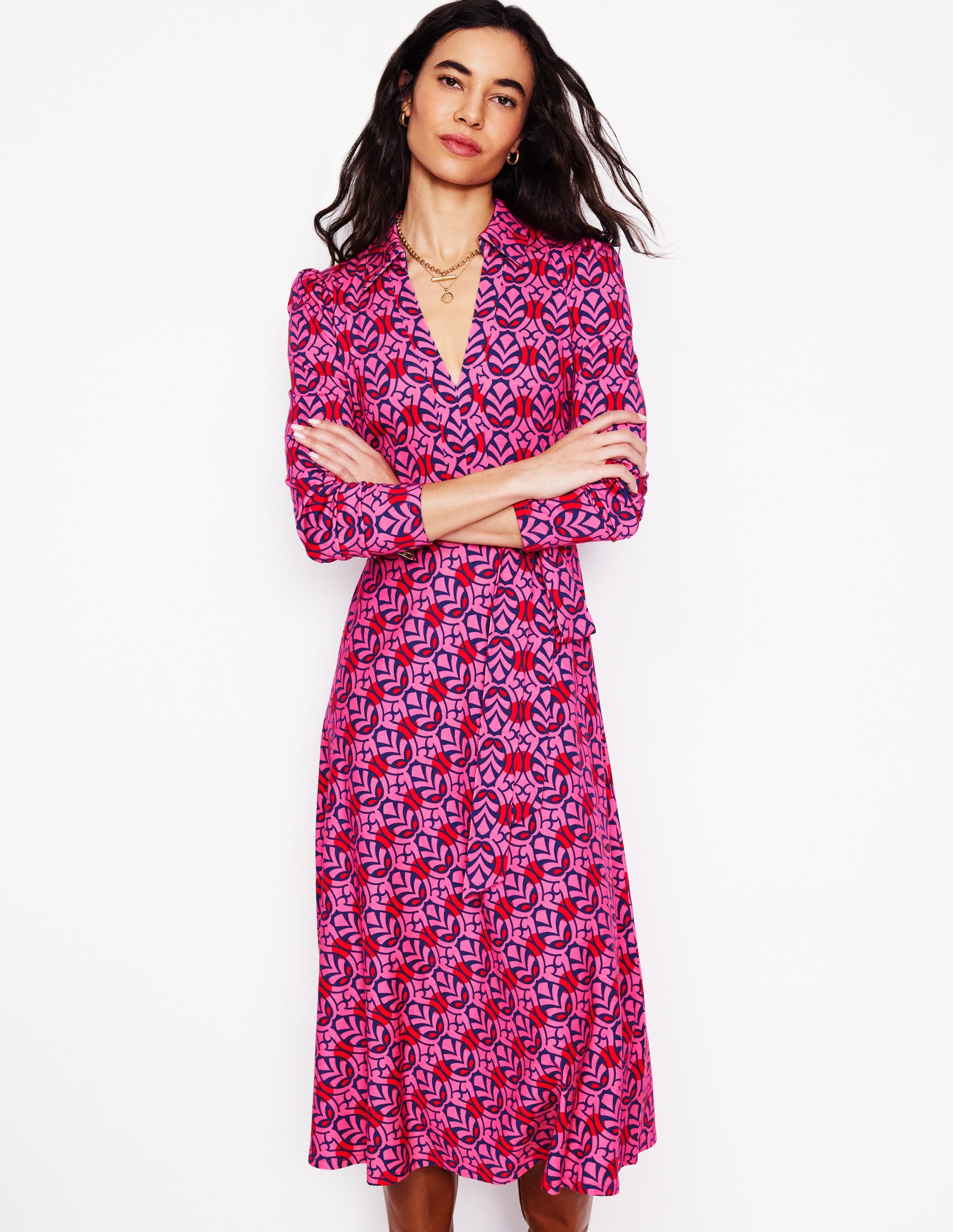 Imogen Jerseykleid mit Kragen-Sorbetrosa, Blattterrasse - Image 1