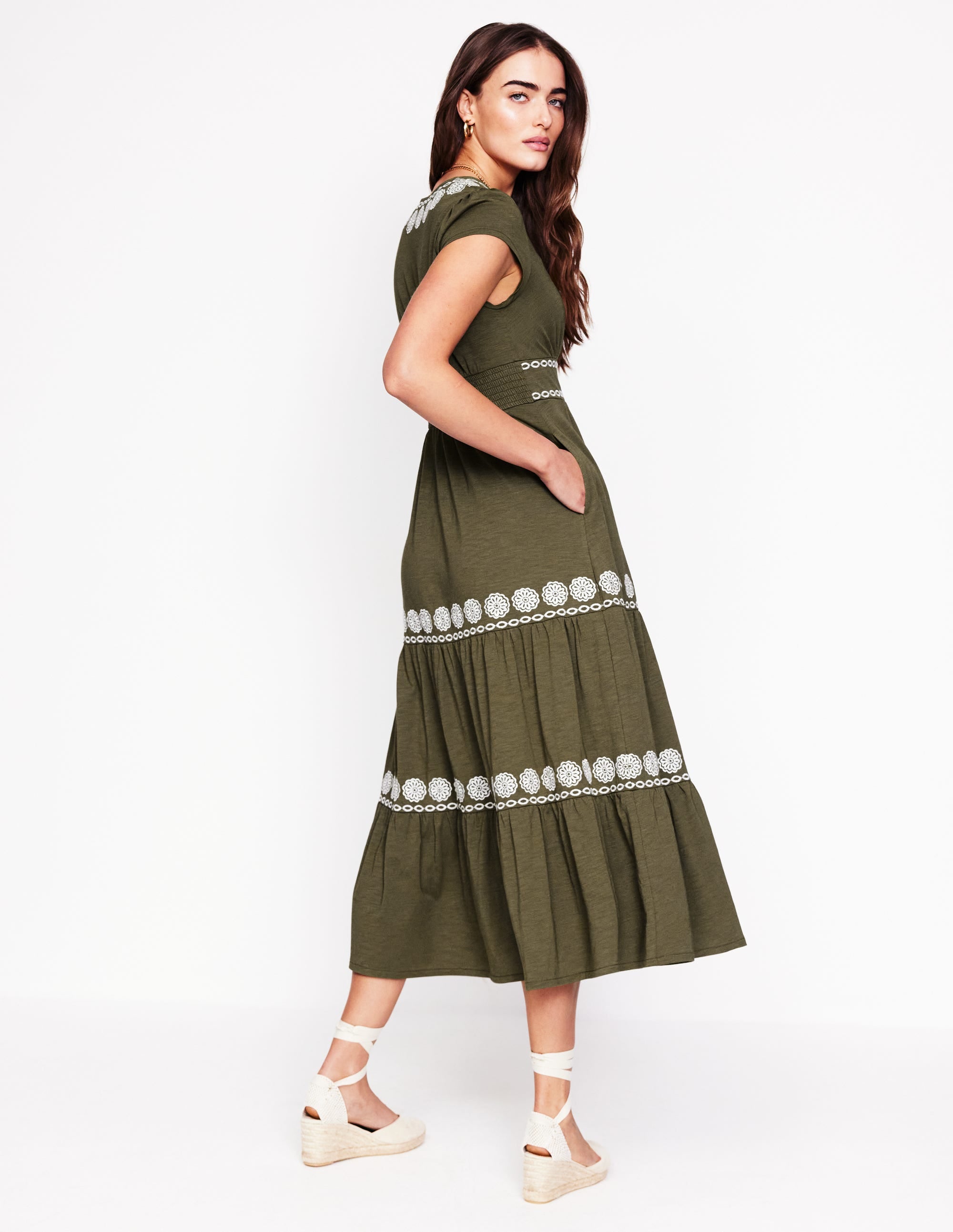 Eloise Besticktes Midikleid-Blasses Khaki - Image 3