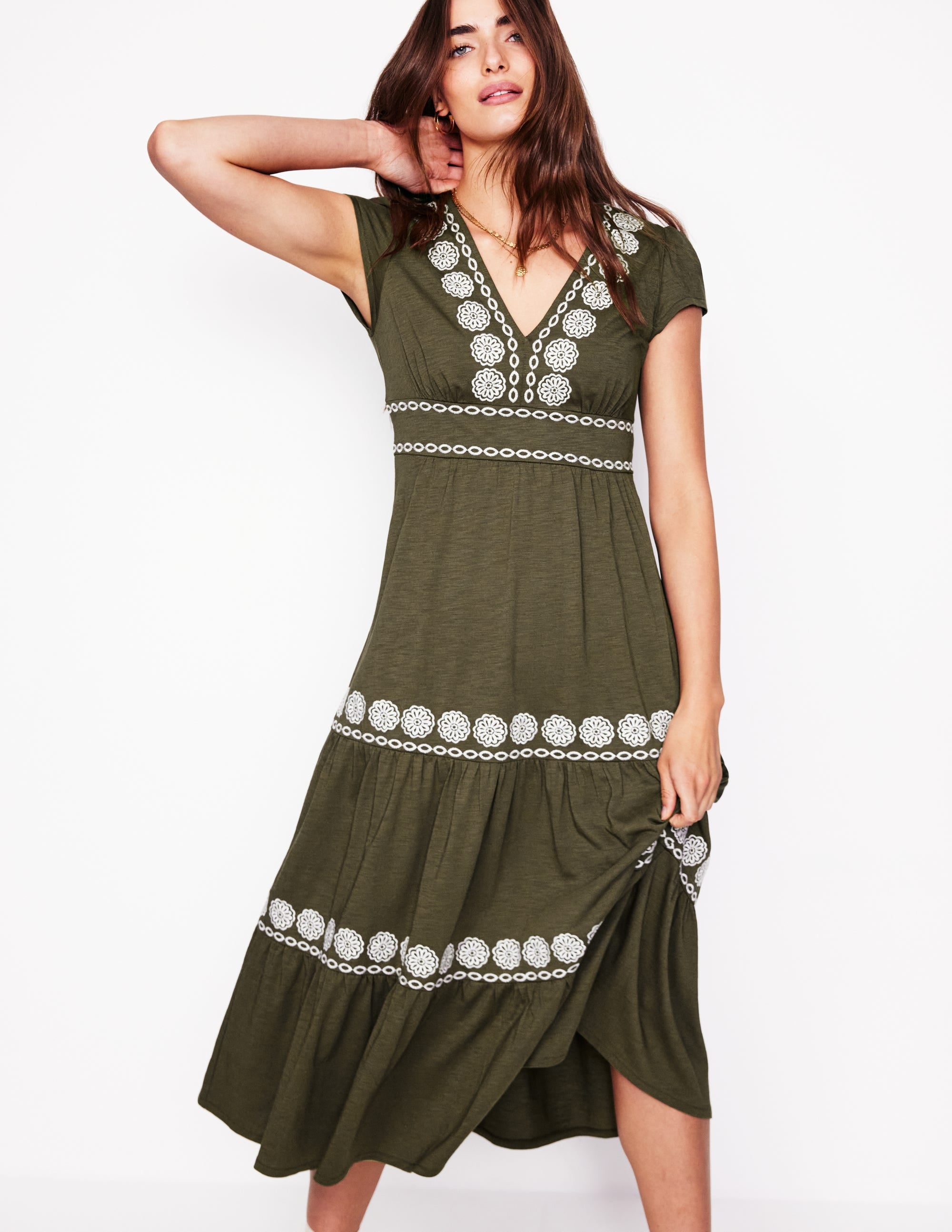 Eloise Besticktes Midikleid-Blasses Khaki - Image 4