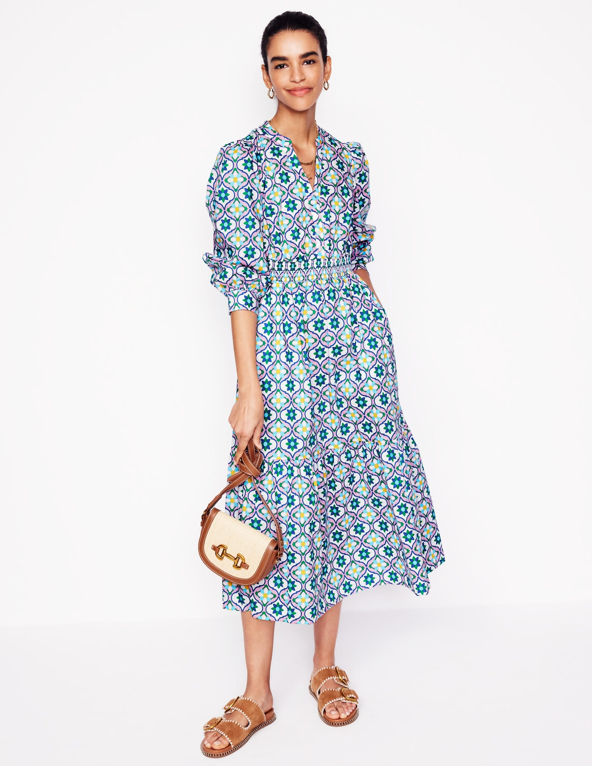 Robe midi Elena en coton à volants-Multi, motif Floweret Tile - Image 1