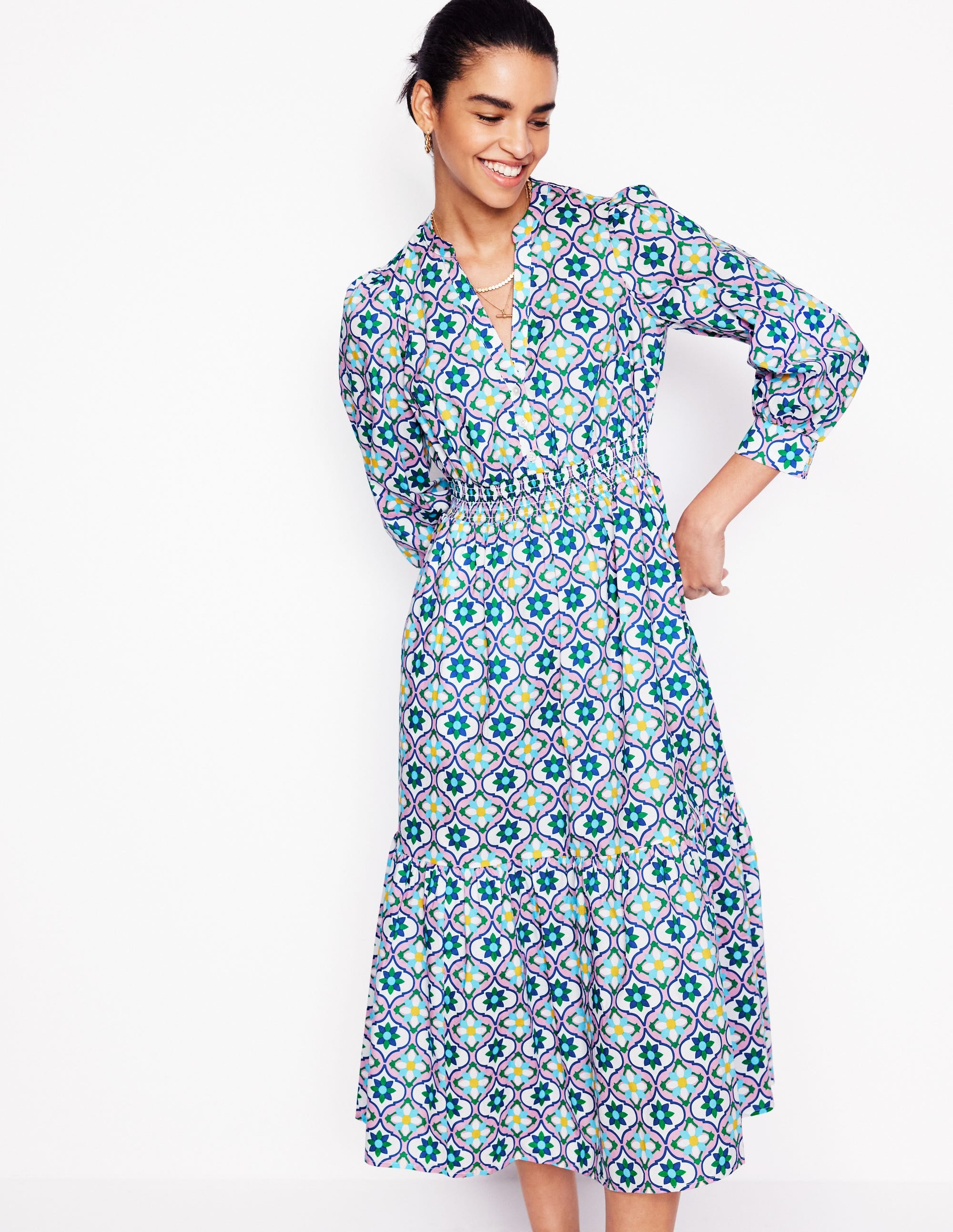 Robe midi Elena en coton à volants-Multi, motif Floweret Tile - Image 4