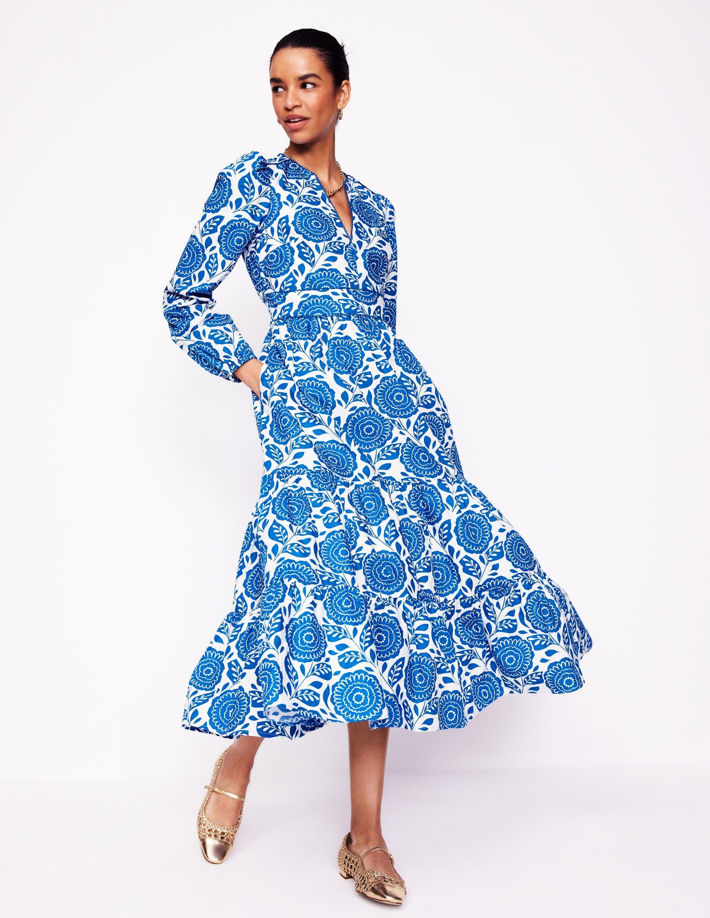 Robe midi Violet en coton-Bleu galerie, motif Dahlia Stamp