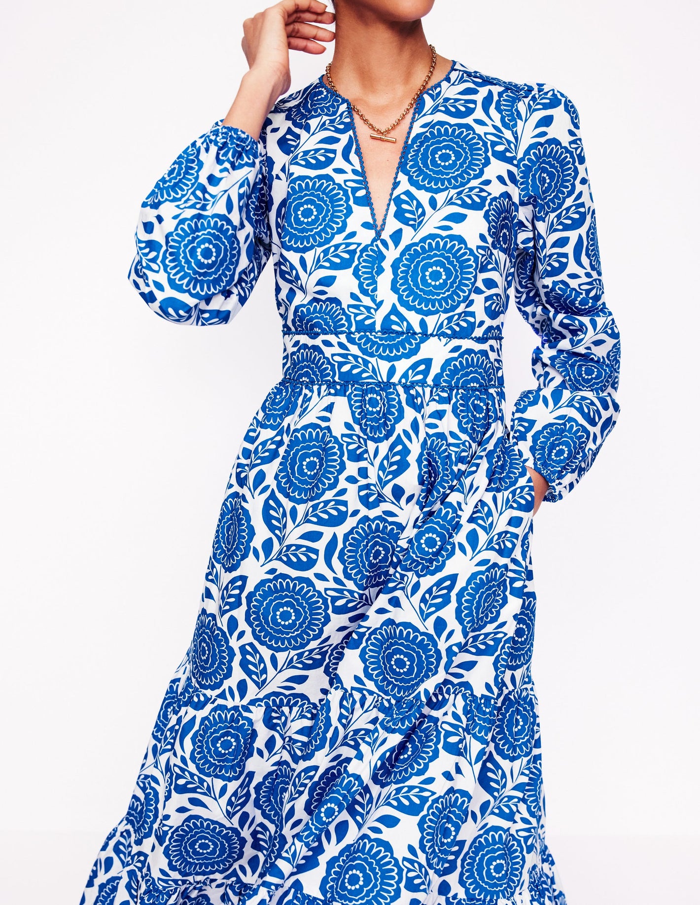 Robe midi Violet en coton-Bleu galerie, motif Dahlia Stamp