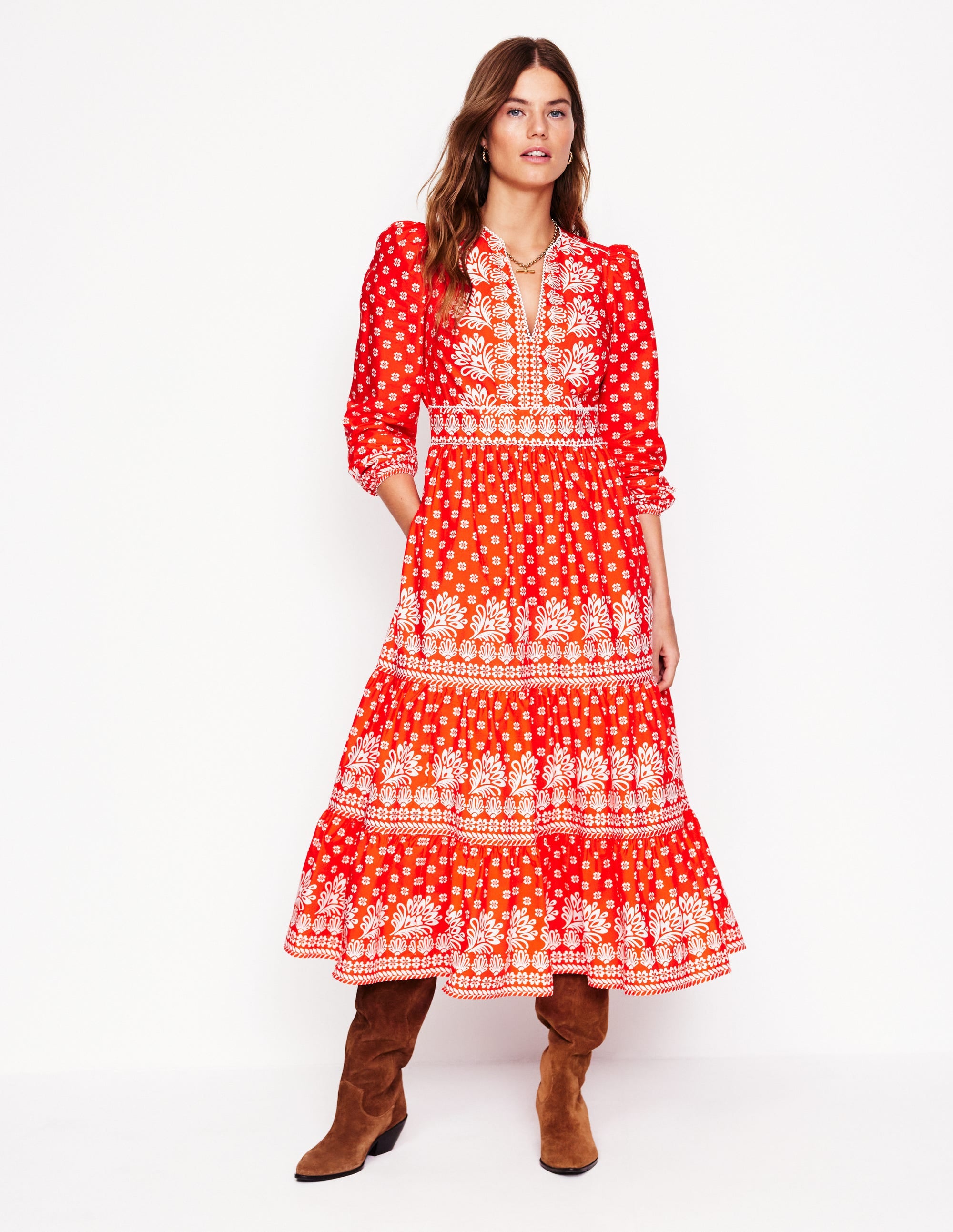 Robe midi Violette-Rouge pétard, motif Palm Flora - Image 1
