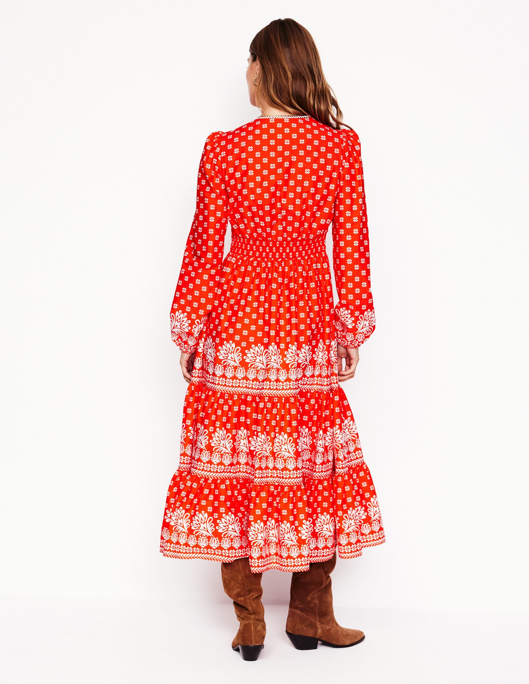 Robe midi Violette-Rouge pétard, motif Palm Flora - Image 4