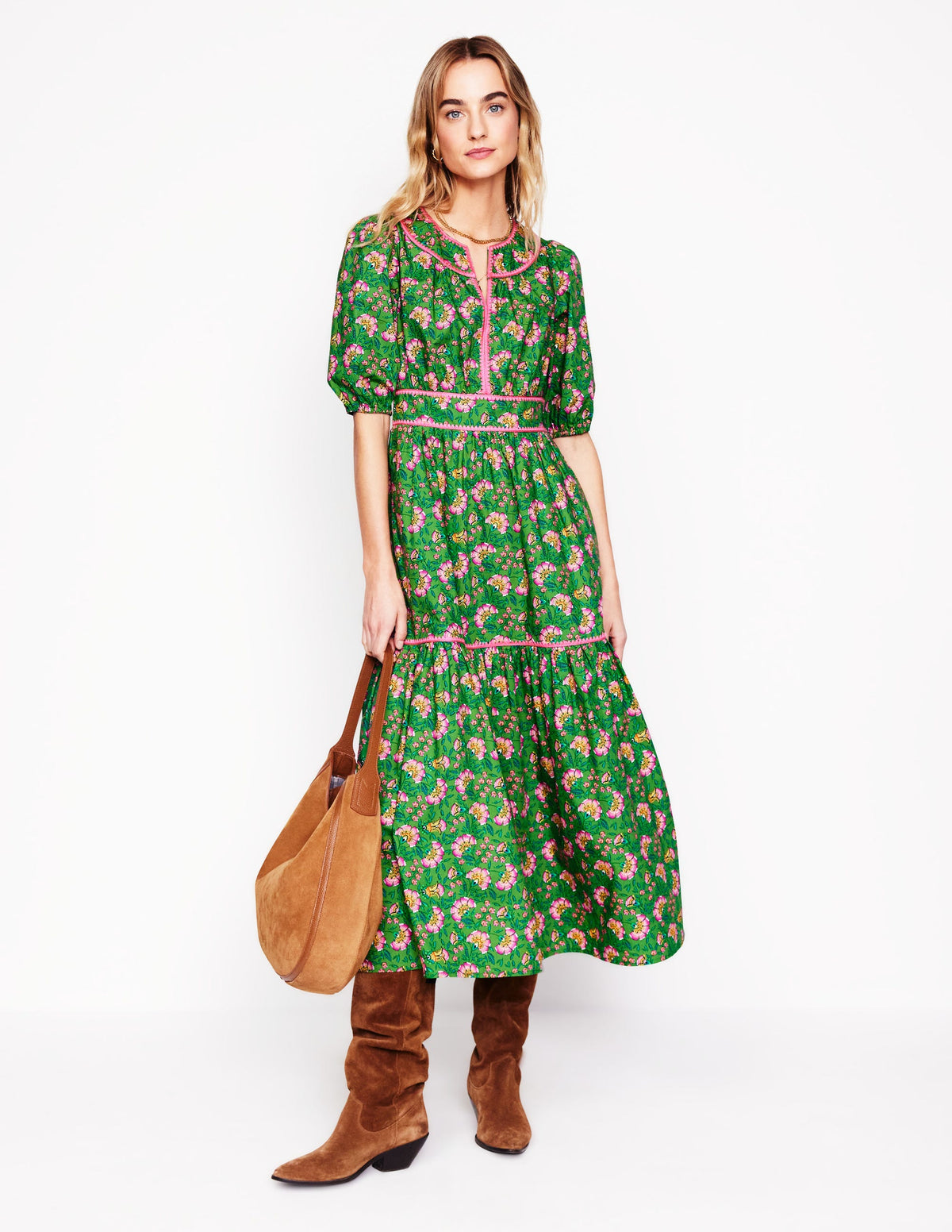 Rhea Besticktes Midikleid-Grün, Zierrebe - Image 1