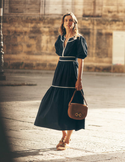 Rhea Embroidered Midi Dress-Navy