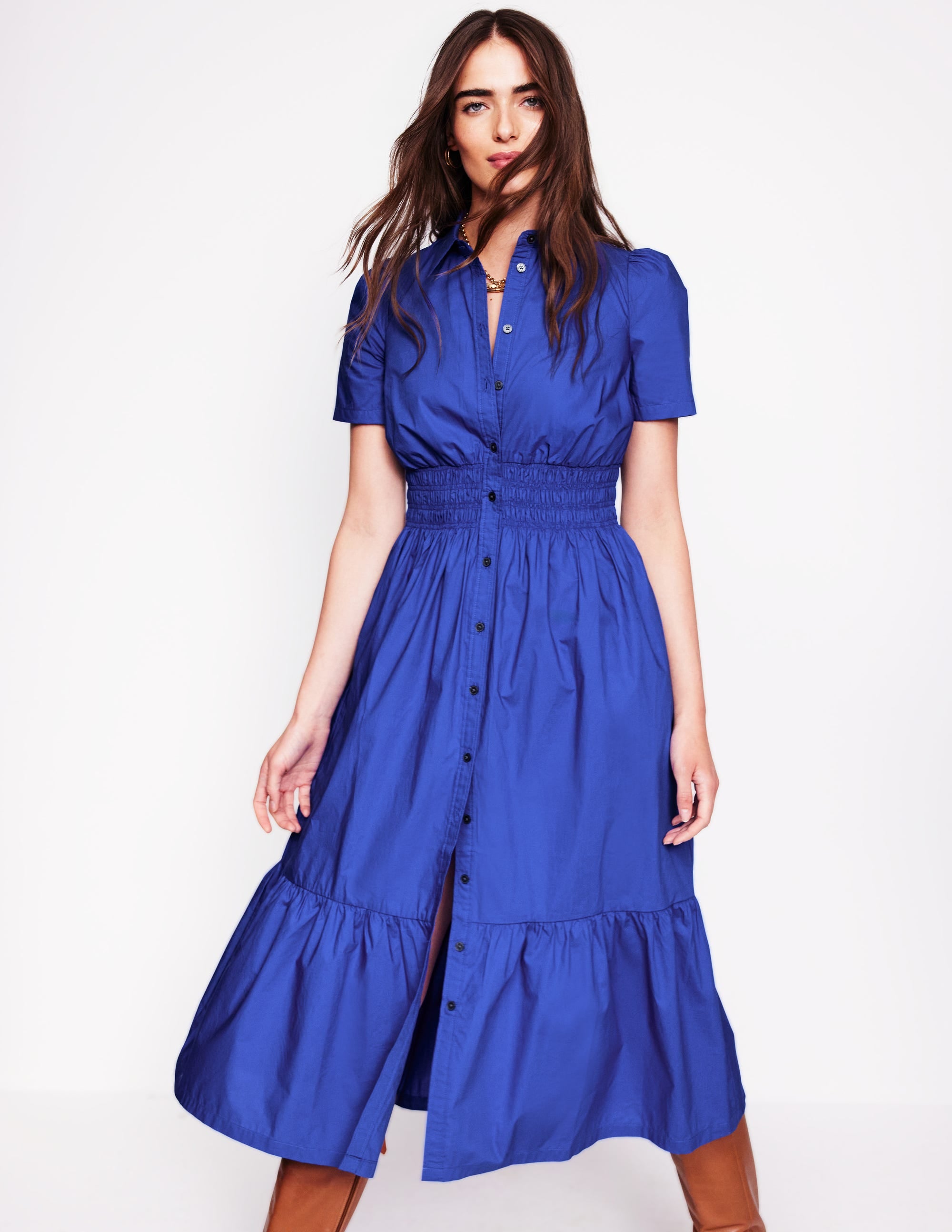 Jane Gesmoktes Hemdblusenkleid-Leuchtendes Blau - Image 1