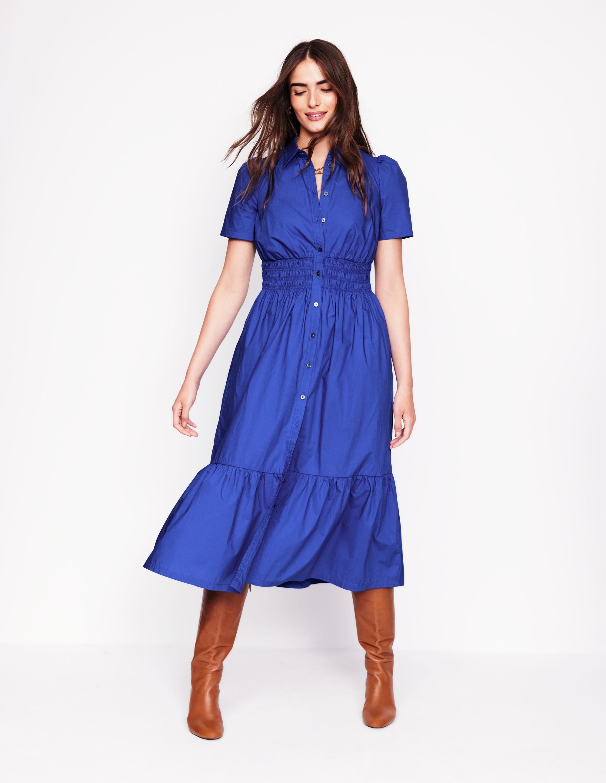 Jane Gesmoktes Hemdblusenkleid-Leuchtendes Blau - Image 5