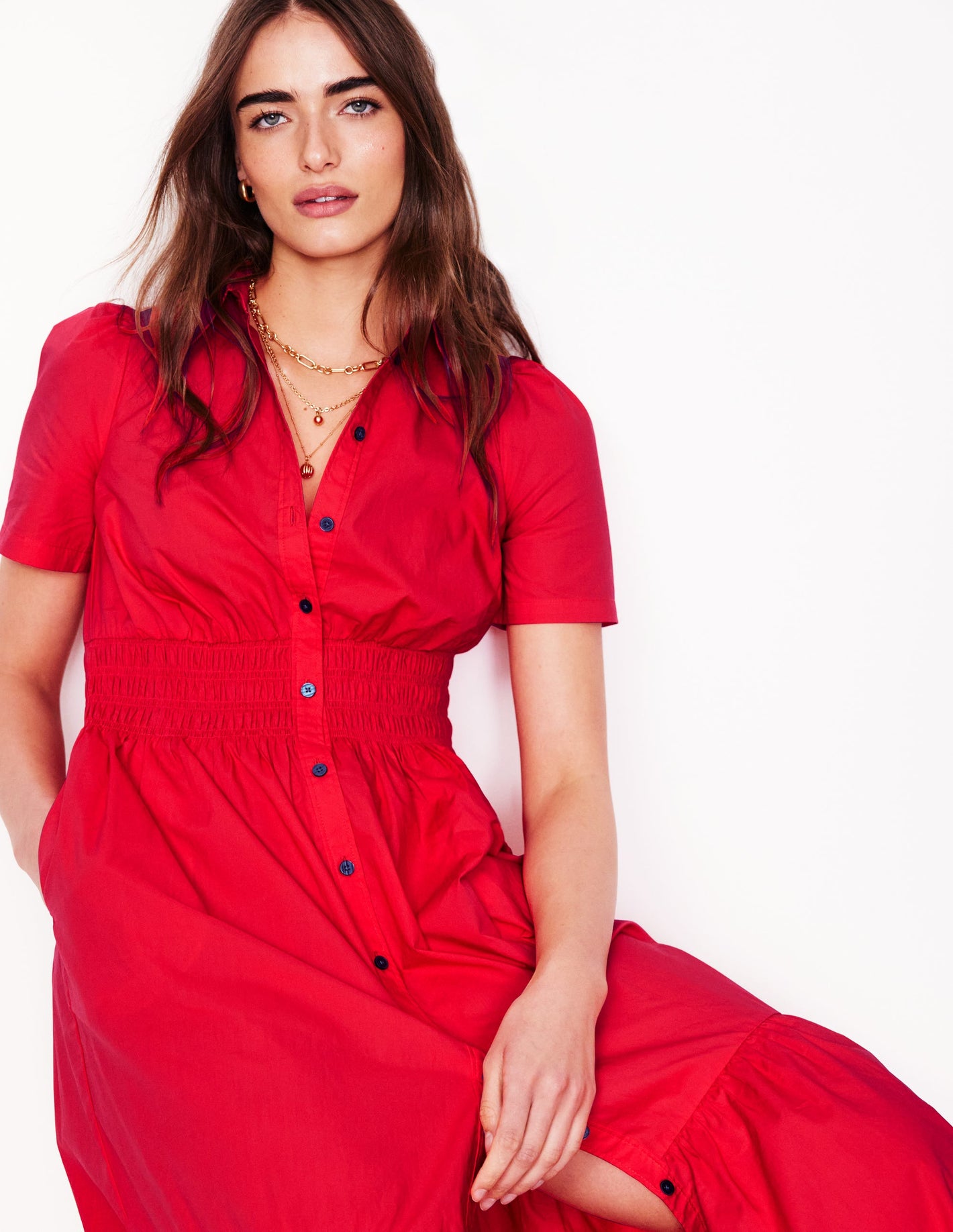 Robe-chemise à taille smockée-Rouge tarte aux fraises