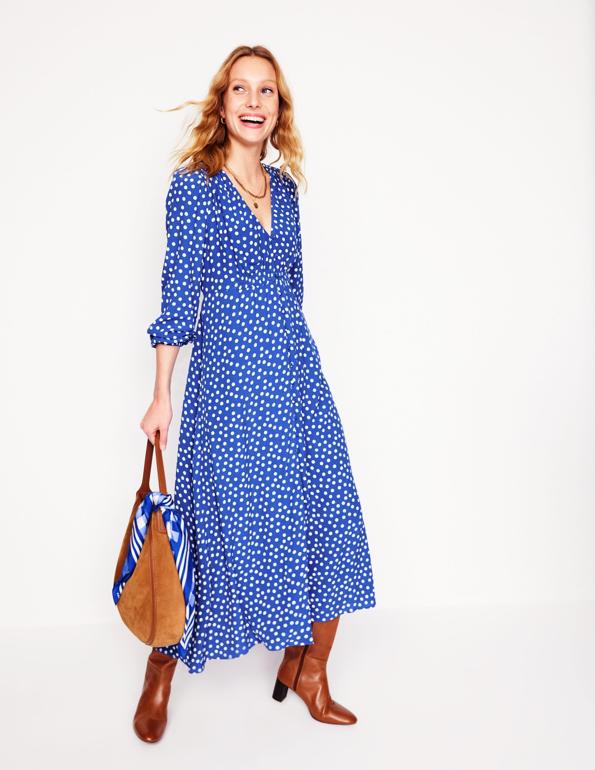 Robe Cynthia style 40s boutonnée-Bleu vif, pois abstrait - Image 1