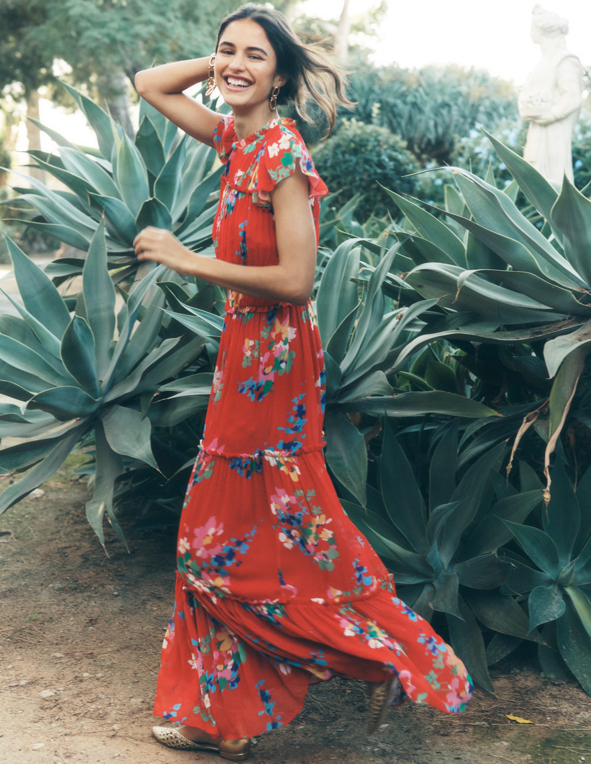 Hochgeschlossenes, ärmelloses Kleid-Rot, Zarte Blüten - Image 5