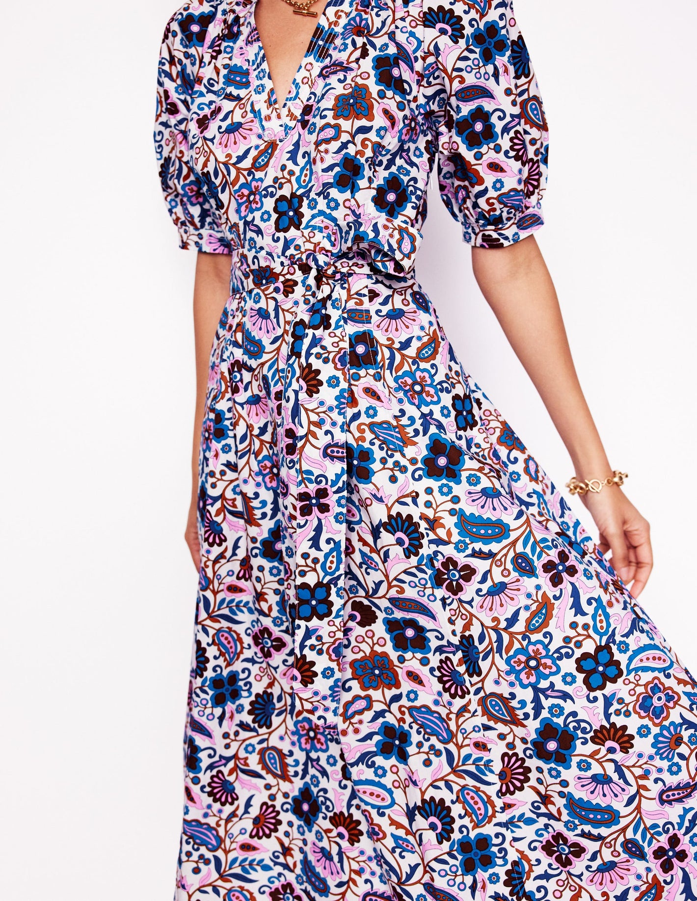 Robe midi à manches bouffantes en coton-Multi, motif Oriental Paradise