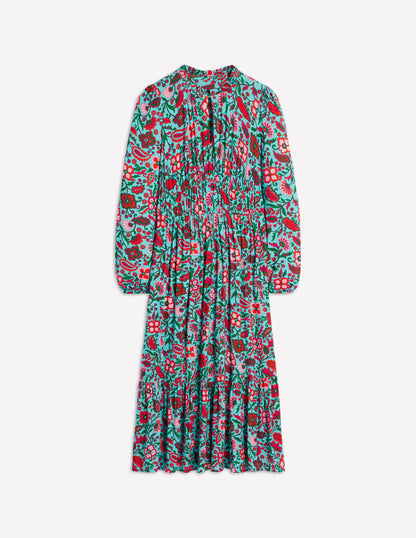 Robe midi style 40s Rosamund en jersey-Bleu, motif Oriental Paradise