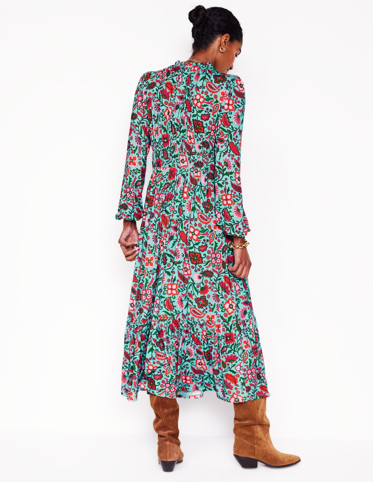 Robe midi style 40s Rosamund en jersey-Bleu, motif Oriental Paradise