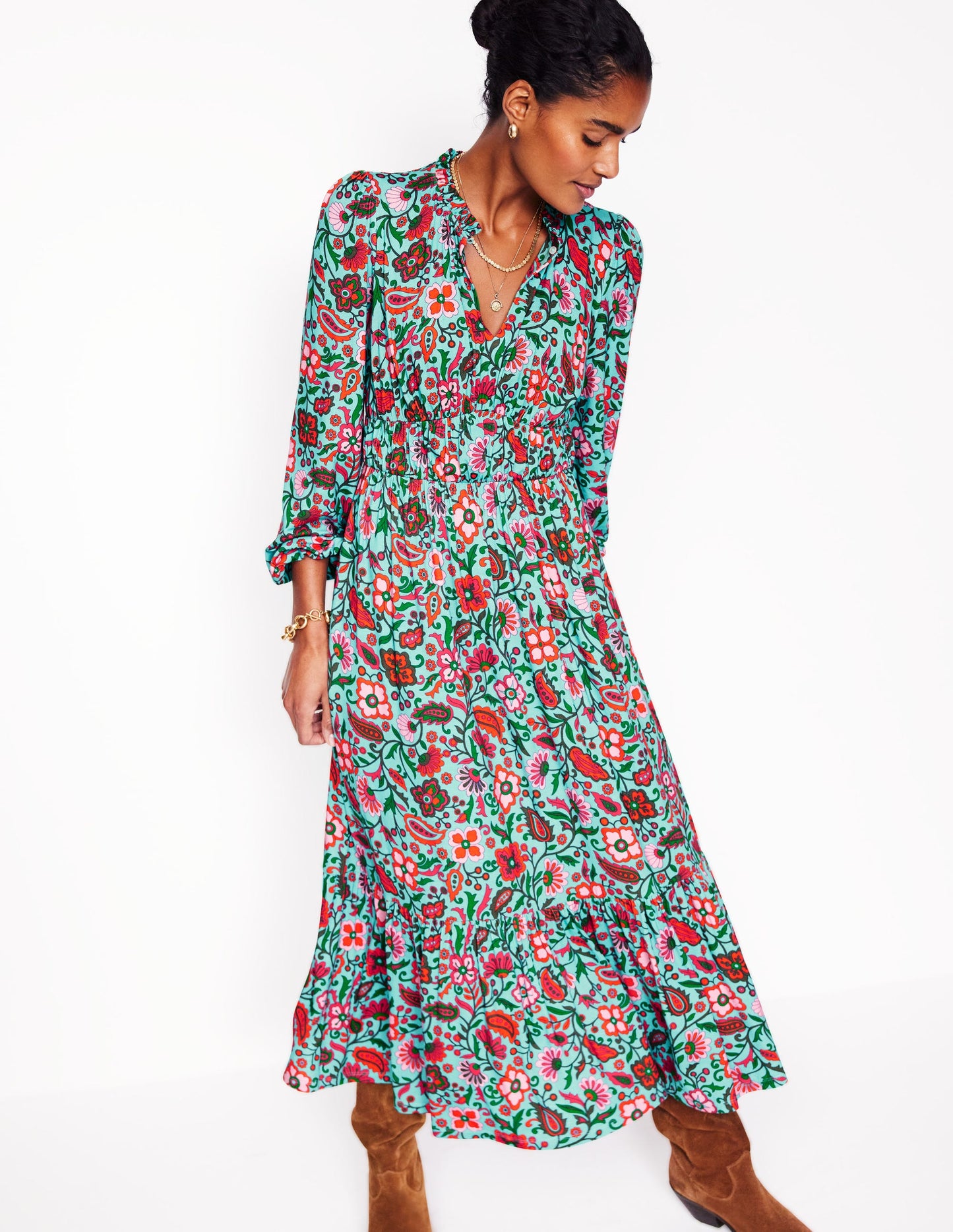 Robe midi style 40s Rosamund en jersey-Bleu, motif Oriental Paradise