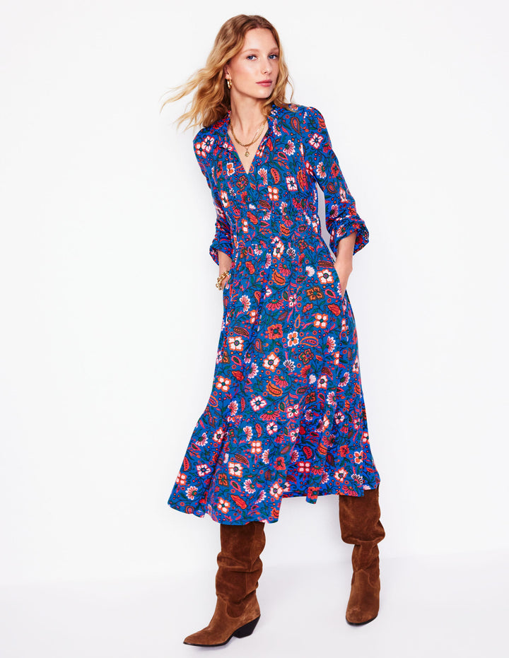 Robe midi style 40s Rosamund en jersey-Bleu, motif Oriental Paradise