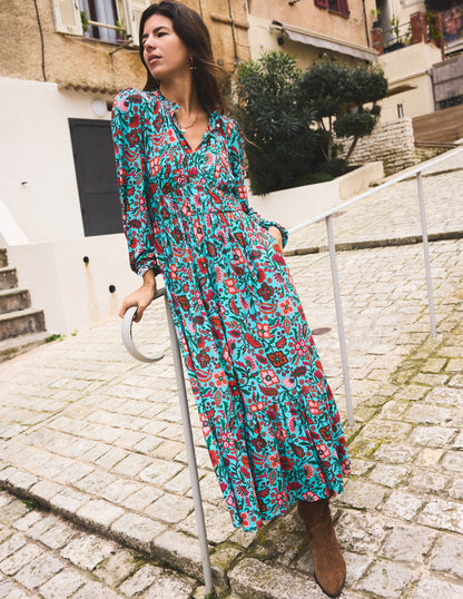 Robe midi style 40s Rosamund en jersey-Bleu, motif Oriental Paradise