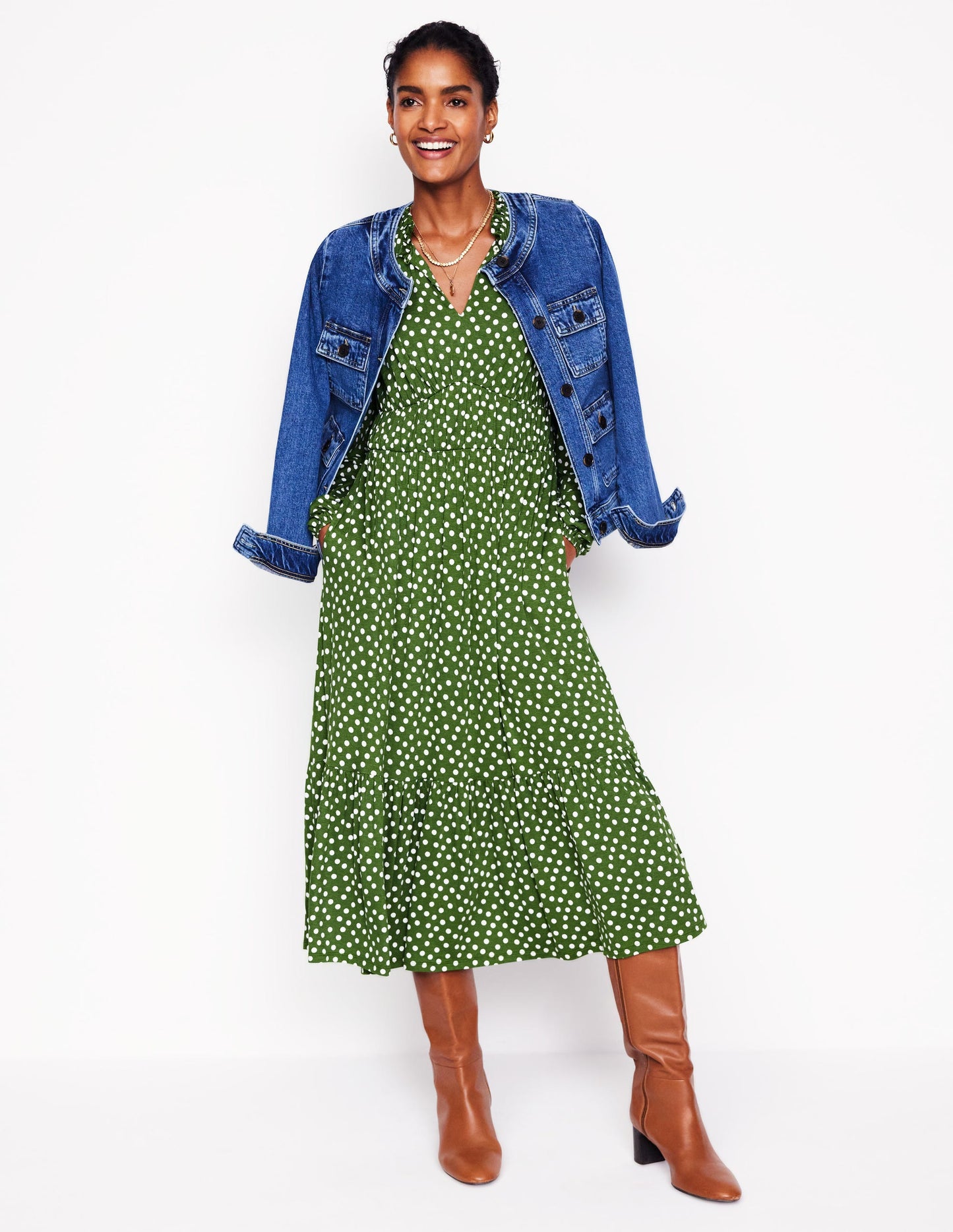 Robe midi style 40s Rosamund en jersey-Vert paradis, pois abstraits