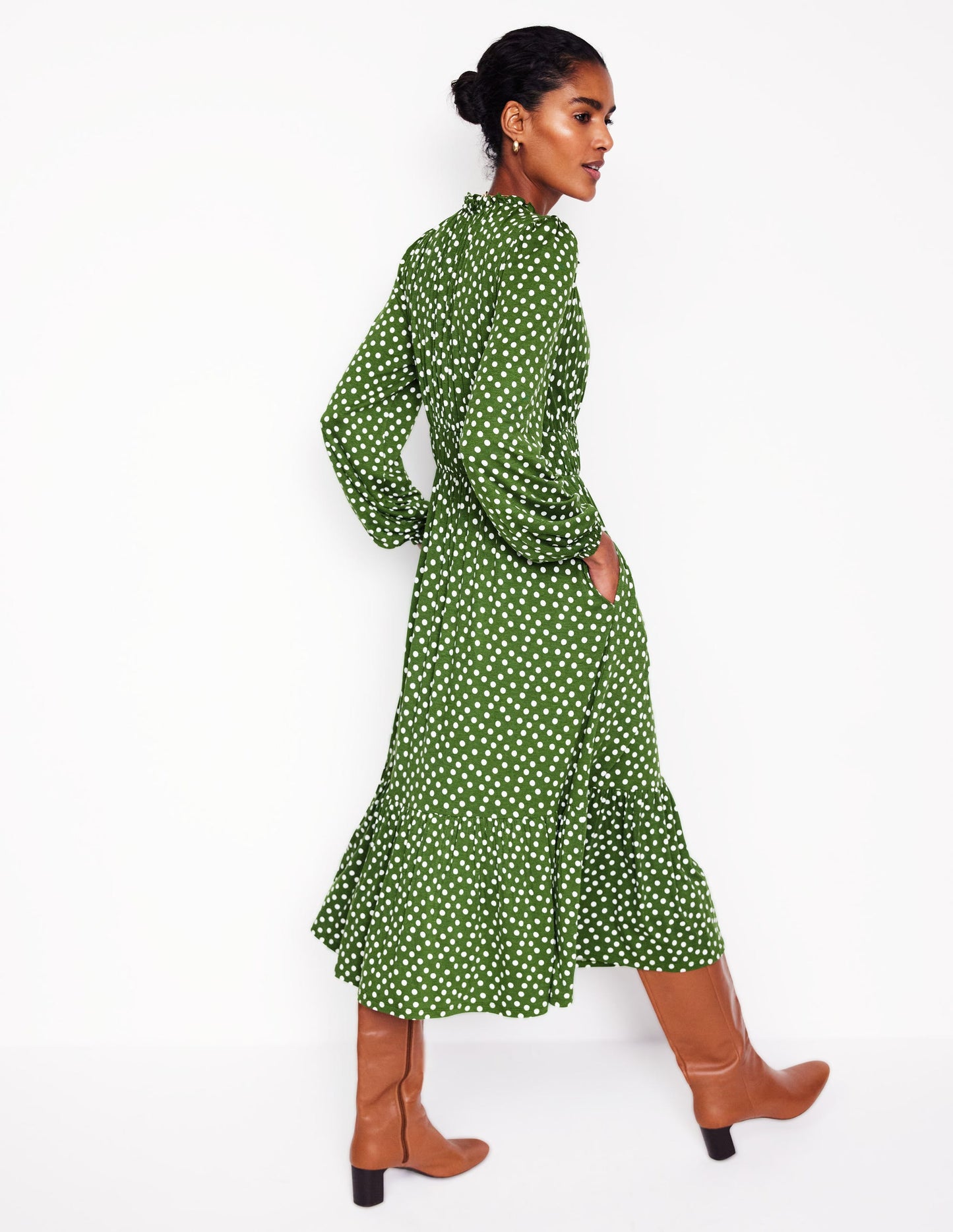 Robe midi style 40s Rosamund en jersey-Vert paradis, pois abstraits